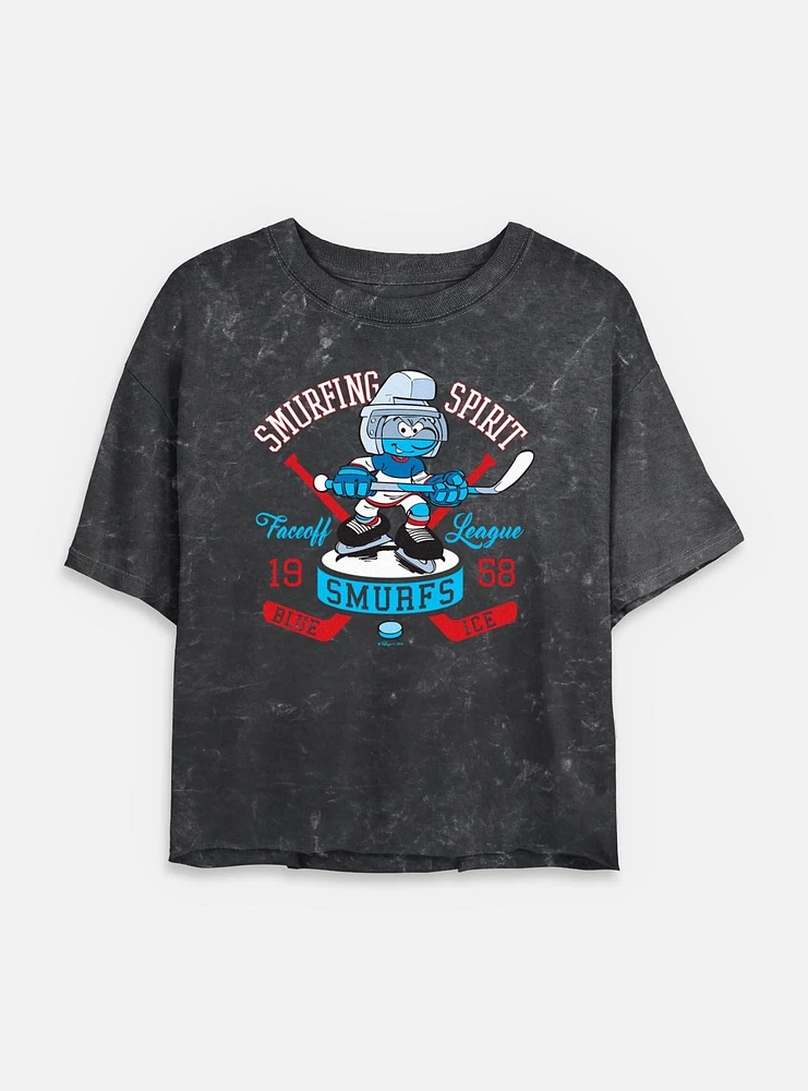 The Smurfs Smurfing Spirit Hockey Mineral Wash Womens Crop T-Shirt