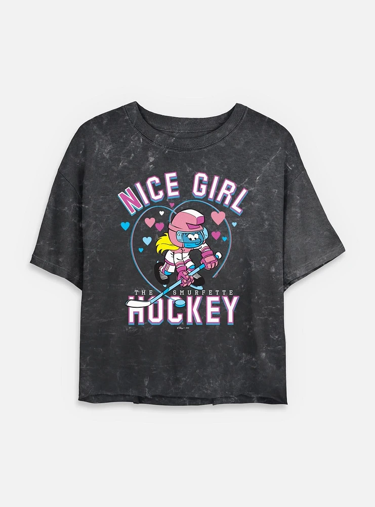 The Smurfs Nice Girl Hockey Mineral Wash Womens Crop T-Shirt