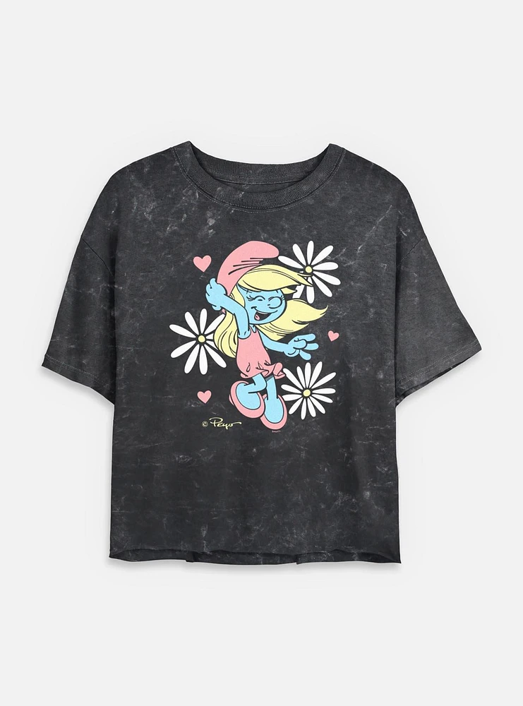 The Smurfs Floral Daisy Smurf Mineral Wash Womens Crop T-Shirt