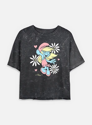 The Smurfs Floral Daisy Smurf Mineral Wash Womens Crop T-Shirt