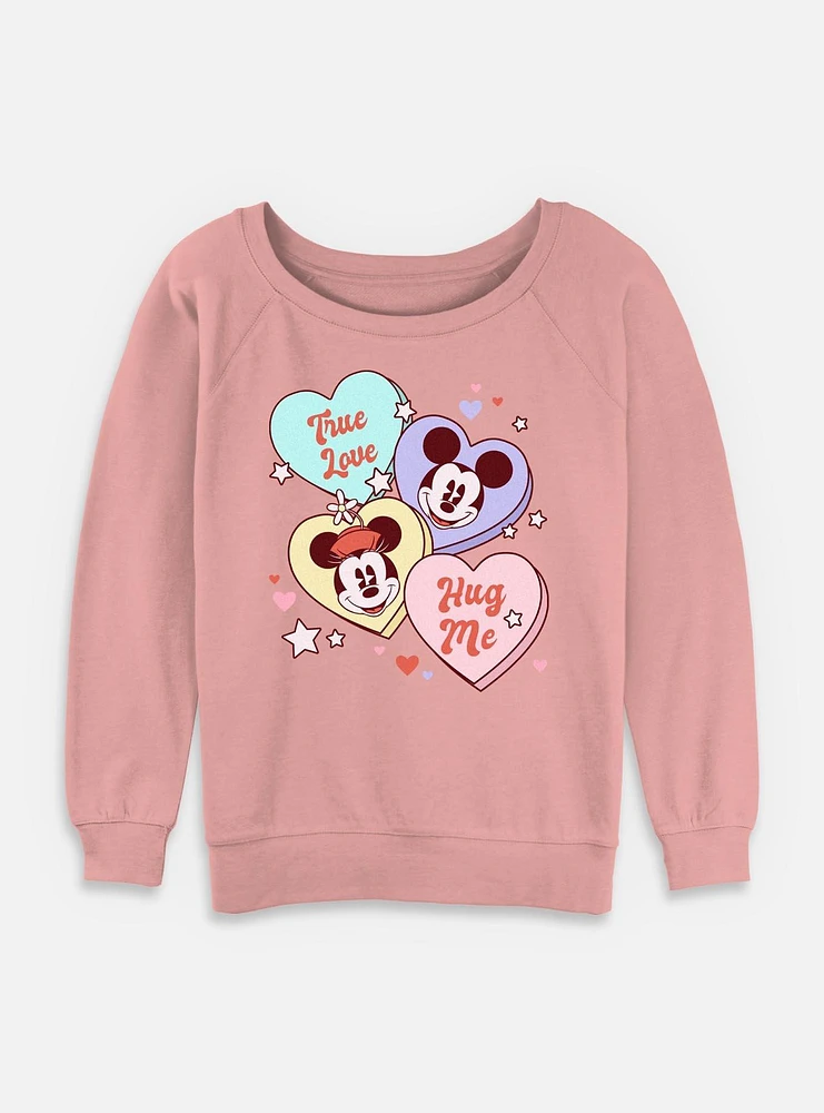 Disney Mickey Mouse & Minnie Sweet Candy Hearts Womens Slouchy Sweatshirt