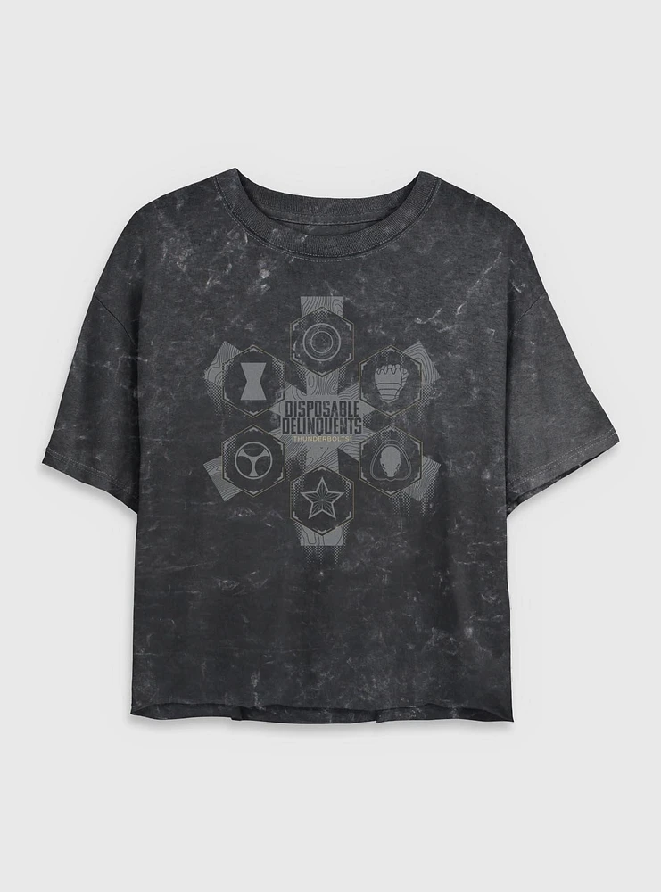Marvel Thunderbolts* Disposable Delinquents Logos Mineral Wash Womens Crop T-Shirt