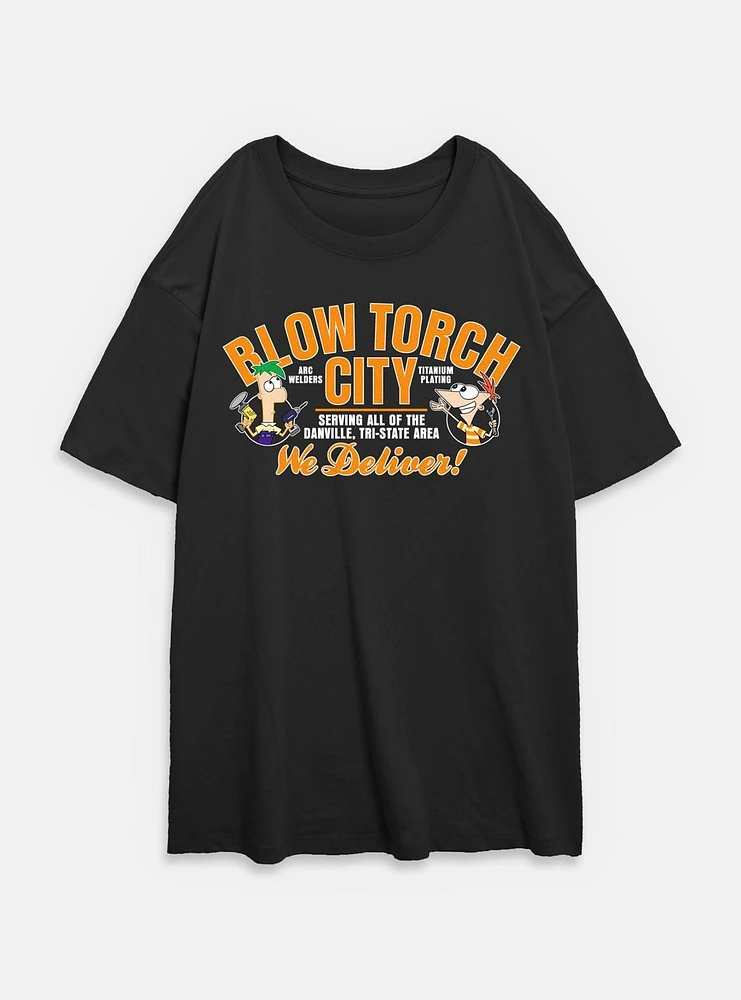 Disney Phineas and Ferb Blow Torch City Womens Oversized T-Shirt