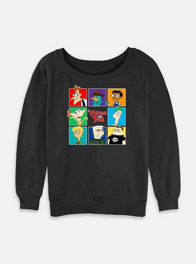 Disney Phineas and Ferb Character Grid Womens Slouchy Sweatshirt