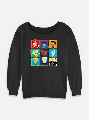 Disney Phineas and Ferb Character Grid Womens Slouchy Sweatshirt