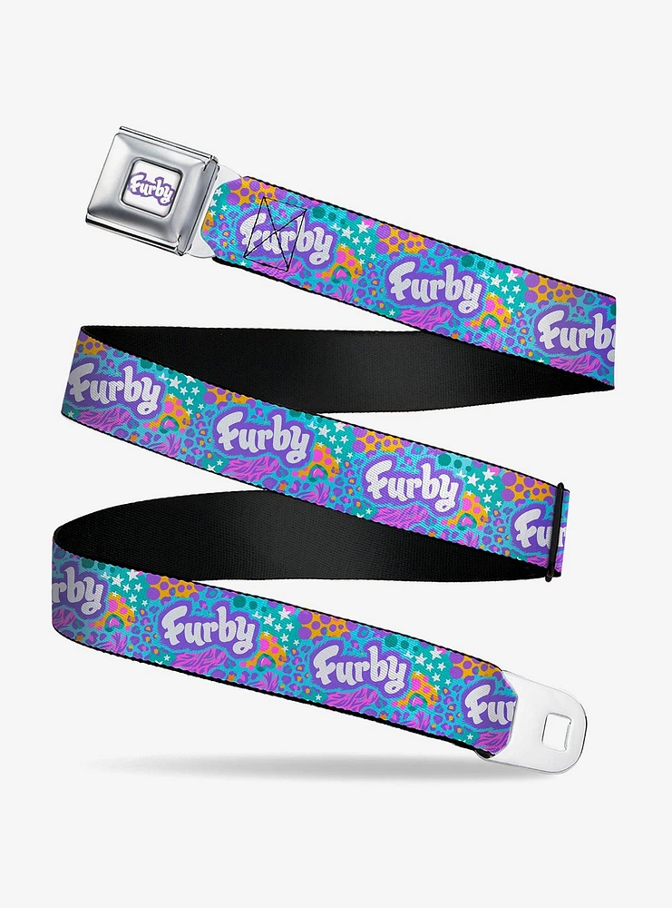 Furby Title Logo and Fur Prints Collage Seatbelt Buckle Belt