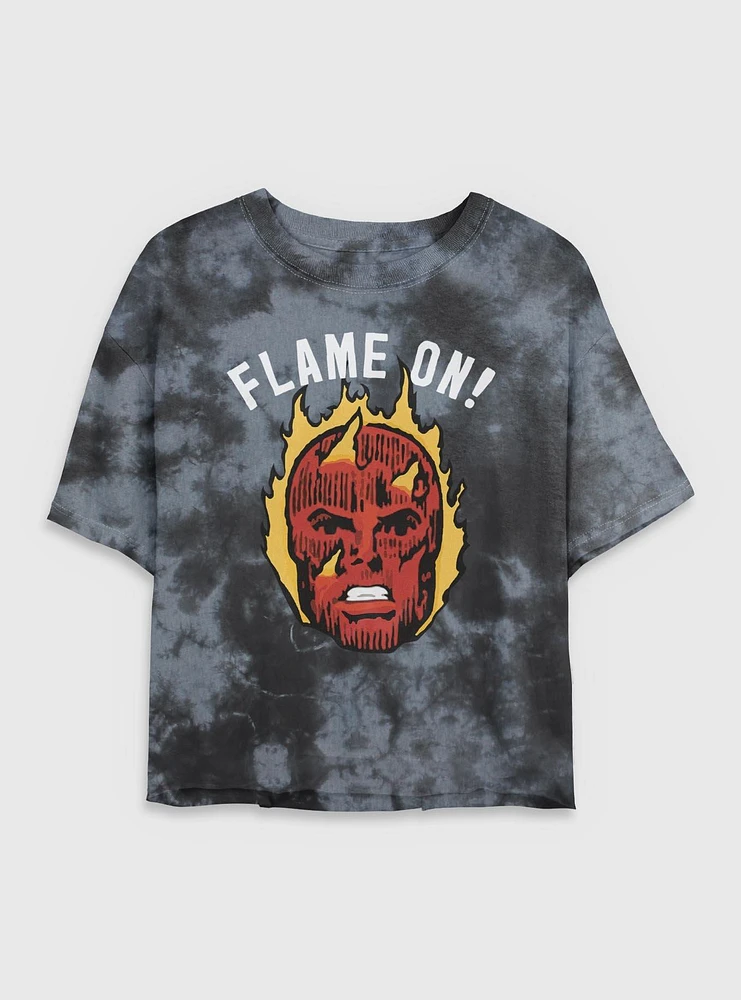 Marvel Fantastic Four Flame On Human Torch Womens Crop Tie-Dye T-Shirt