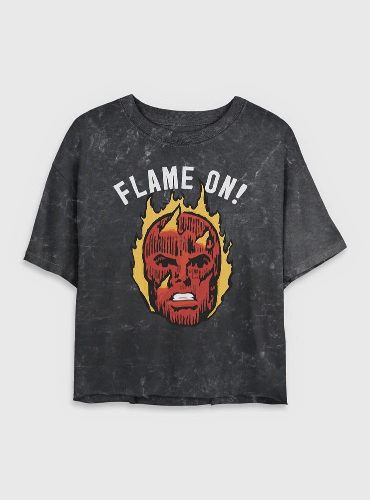 Marvel Fantastic Four Flame On Human Torch Womens Crop Mineral Wash T-Shirt
