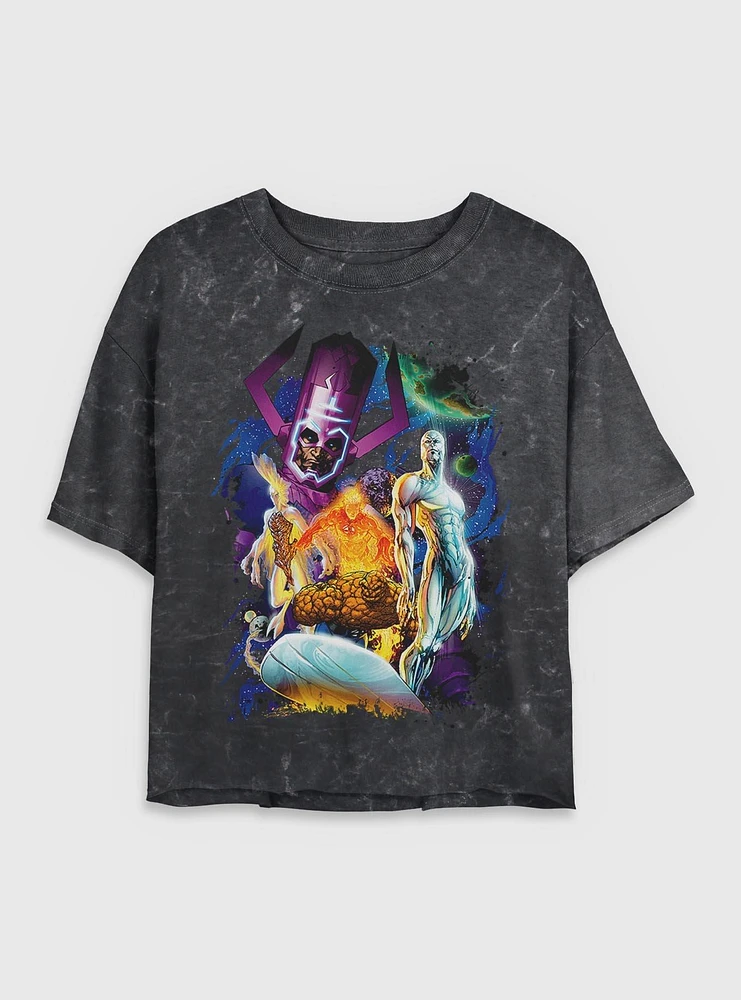 Marvel Fantastic Four 4 Cosmos Galactus & Silver Surfer Womens Crop Mineral Wash T-Shirt