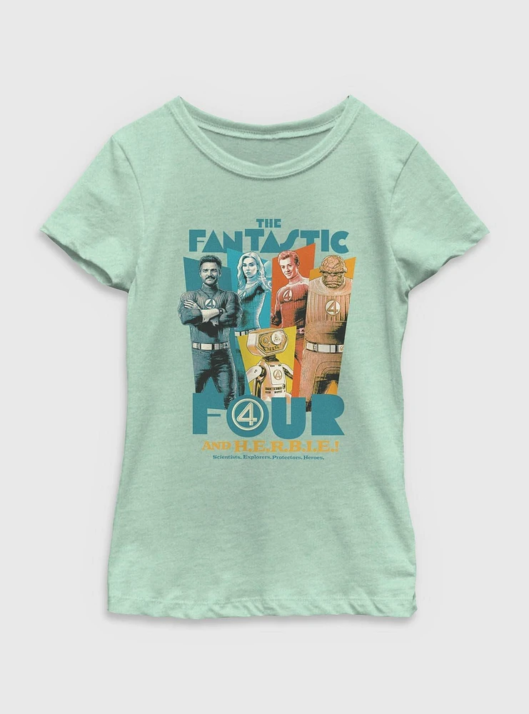 Marvel The Fantastic Four: First Steps Heroes & H.E.R.B.I.E. Youth Girls T-Shirt