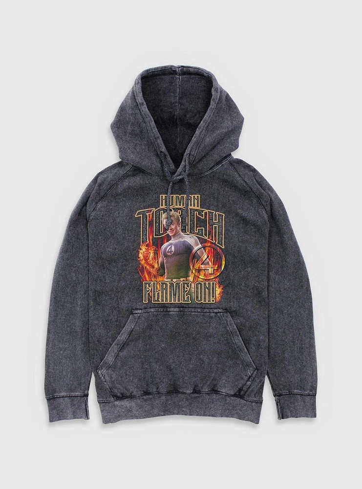 Marvel The Fantastic Four: First Steps Johnny Storm Human Torch Flame On Mineral Wash Hoodie BoxLunch Web Exclusive