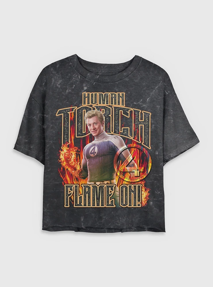 Marvel The Fantastic Four: First Steps Johnny Storm Human Torch Flame On Womens Mineral Wash Crop T-Shirt BoxLunch Web Exclusive