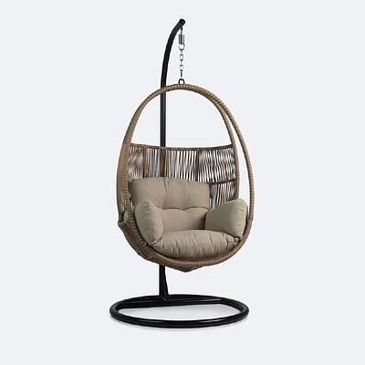 Halo Hanging Chair - Black Frame - Mixed Beige Wicker - Camel Cushions