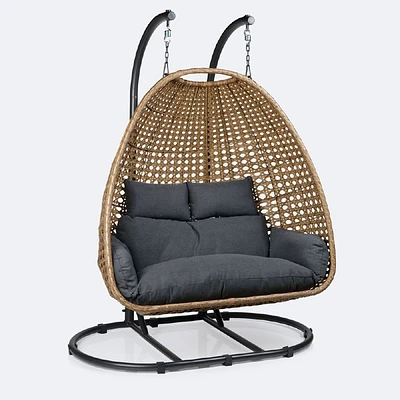 Nest Double Hanging Chair - Dark Grey Frame, Natural Wicker & Charcoal Cushion