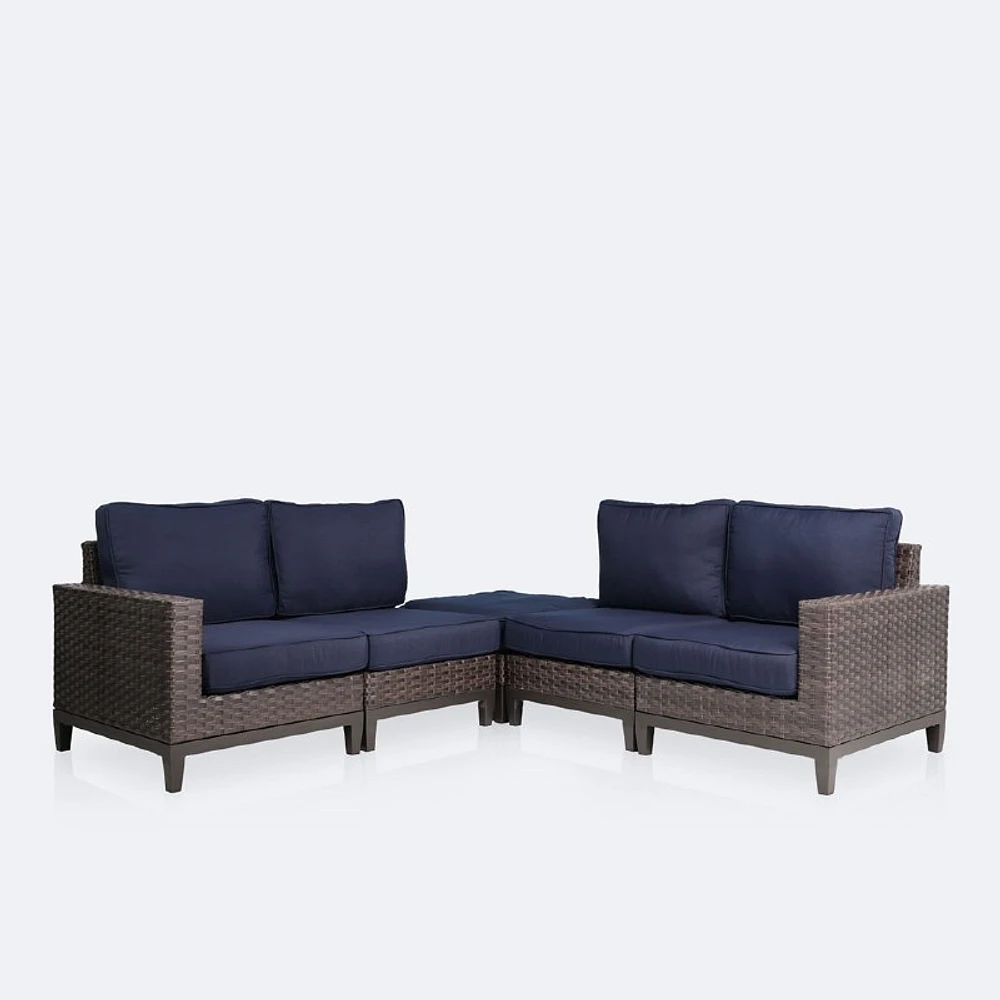 Catalina Ottoman Corner Sectional - Brown Wicker- Navy Cushions
