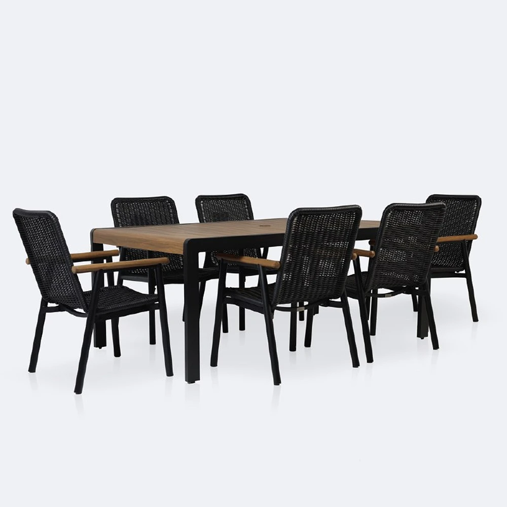Napa Dining Set- Black Frame - Wood-look Slat Table Top - Seats 6