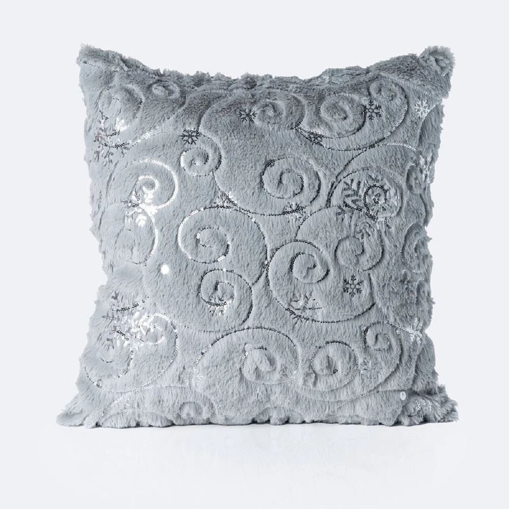 Furry Pillow-Silver Snowflakes