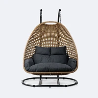 Nest Double Hanging Chair - Dark Grey Frame, Natural Wicker & Charcoal Cushion