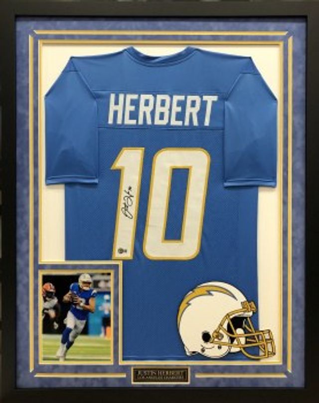 JUSTIN HERBERT AUTOGRAPHED HAND SIGNED LOS ANGELES CHARGERS CUSTOM FRAMED  JERSEY - Signature Collectibles