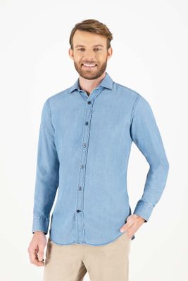 Camisa casual Calderoni color azul, slim fit