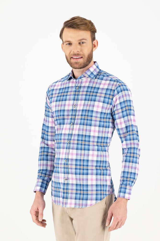 Camisa sport Calderoni "Algodón orgánico" color azul, slim fit