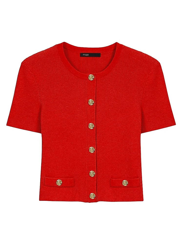 Cropped Short Sleeve Cardigan with Gold Buttons