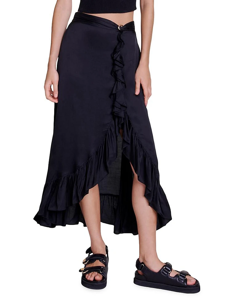 Long Satin-Effect Ruffled Skirt