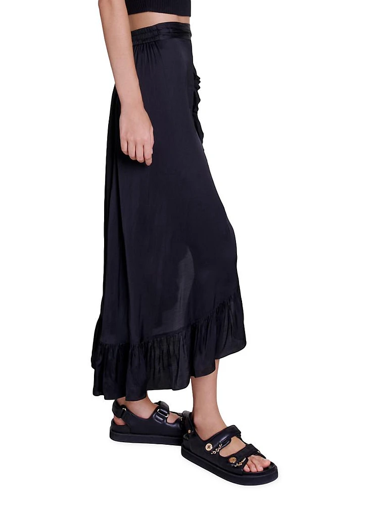 Long Satin-Effect Ruffled Skirt