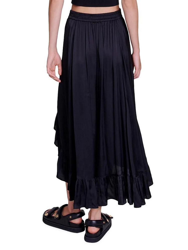 Long Satin-Effect Ruffled Skirt