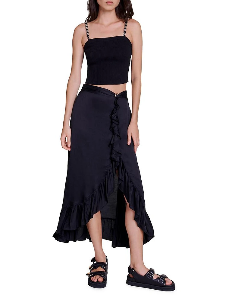 Long Satin-Effect Ruffled Skirt