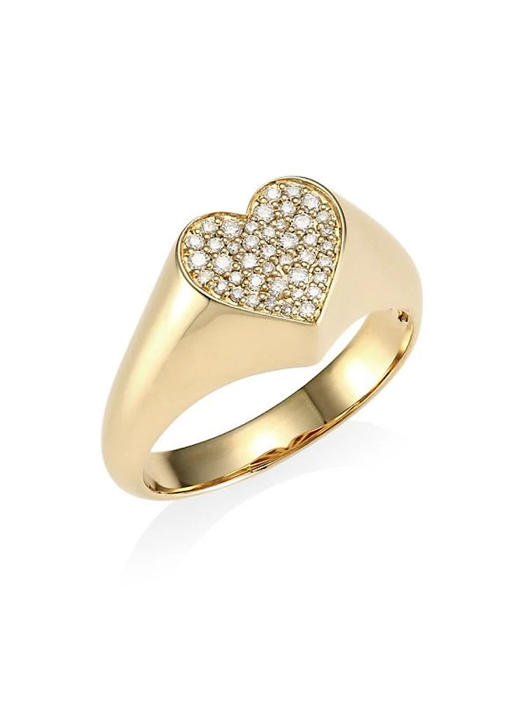 14K Yellow Gold & Pavé Diamond Heart Signet Ring