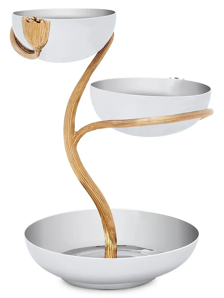 Deco Leaves 3-Tier 24K Goldplated & Stainless Steel Server