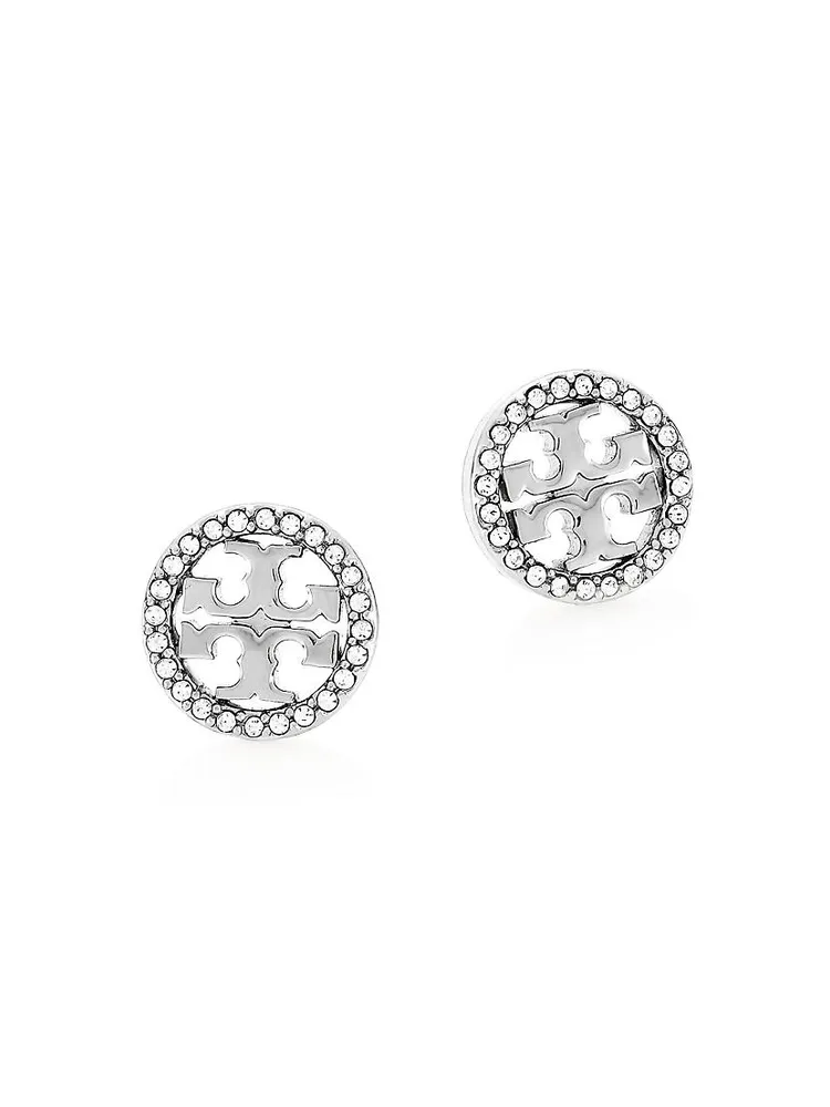 Crystal Logo Silvertone Circle Stud Earrrings