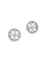 Crystal Logo Silvertone Circle Stud Earrrings