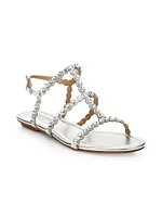 Tequila Crystal-Embellished Metallic Leather Flat Sandals