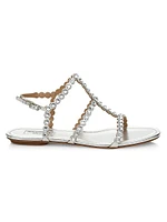 Tequila Crystal-Embellished Metallic Leather Flat Sandals