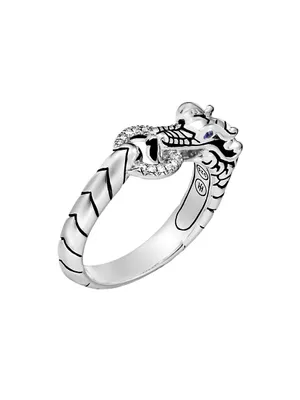 Naga Dragon Sterling Silver, Diamond Pavé & Blue Sapphire Head Ring