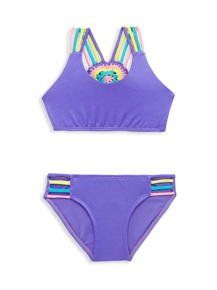 Little Girl's & Mona 2-Piece Heart Crochet-Back Ribbed Bikini Set