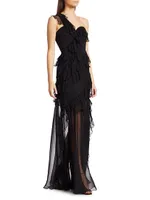 Harlow One-Shoulder Ruffle & Sheer Gown