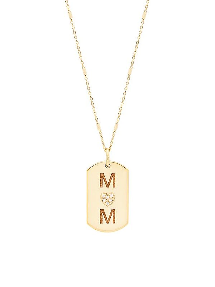 14K Yellow Gold & Diamond Mom Small Dog Tag Pendant Necklace