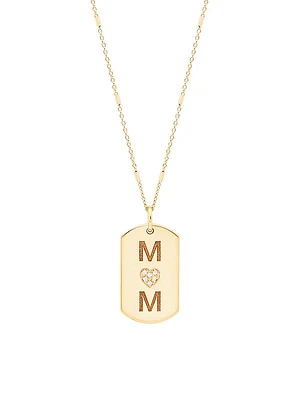 14K Yellow Gold & Diamond Mom Small Dog Tag Pendant Necklace