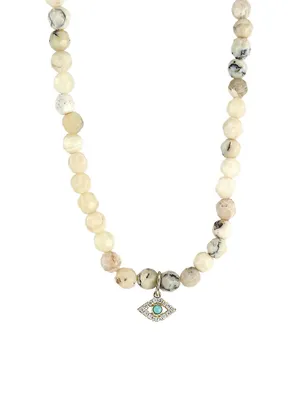 African Opal Bead, Diamond & Turquoise Evil Eye Charm Necklace