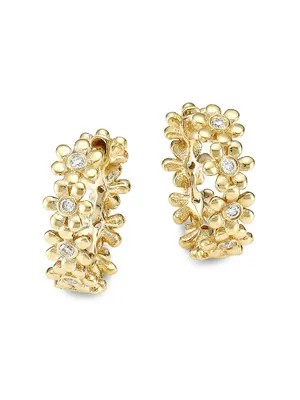 14K Yellow Gold & Diamond Daisy Huggie Hoop Earrings