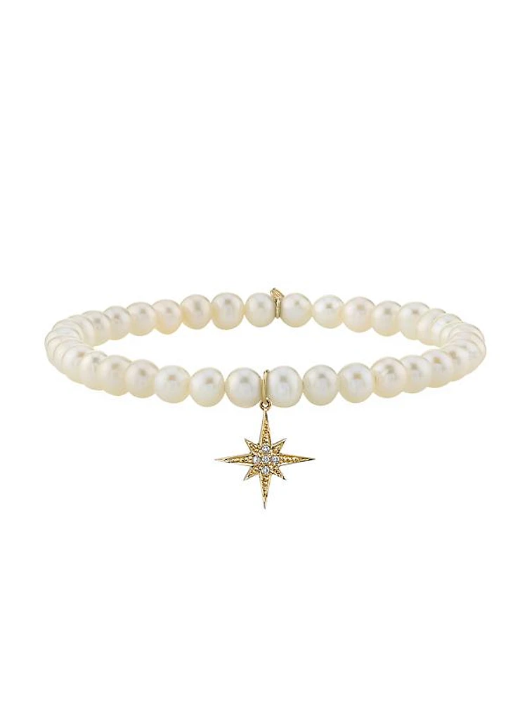 14K Yellow Gold, 5MM Pearl & Diamond Starburst Charm Bracelet