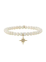 14K Yellow Gold, 5MM Pearl & Diamond Starburst Charm Bracelet