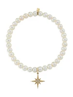 14K Yellow Gold, 5MM Pearl & Diamond Starburst Charm Bracelet