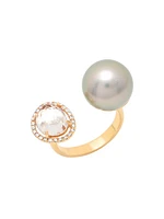 18K Rose Gold, 11MM Pearl, Topaz & Diamond Halo Open Ring