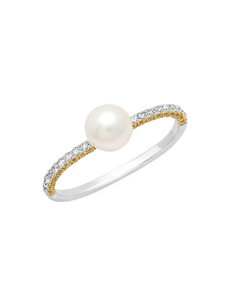 18K White Gold, 11.5MM Pearl, Diamond & Yellow Sapphire Double-Finger Ring