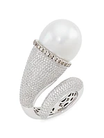 18K White Gold, Pearl, White Topaz & 0.15 TCW Diamond Cocktail Ring