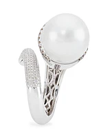 18K White Gold, Pearl, White Topaz & 0.15 TCW Diamond Cocktail Ring